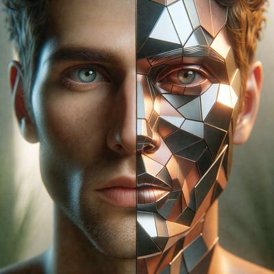 The primary subject of the image is a man with a split face, showing both a human and a robotic appearance. The man's face is divided into two distinct sections, one representing a human face and the other representing a robotic face. The setting is a close-up of the man's face, with the background being a blurred out area. The visual style of the image is a digital art or illustration, as it is a creative and artistic representation of a split face. The colors and mood of